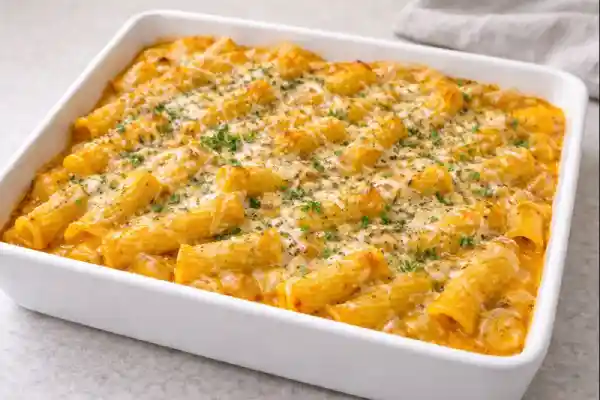 Pasta al horno con salsa cremosa de calabaza y cebolla, gratinada con queso light rallado en fuente blanca.