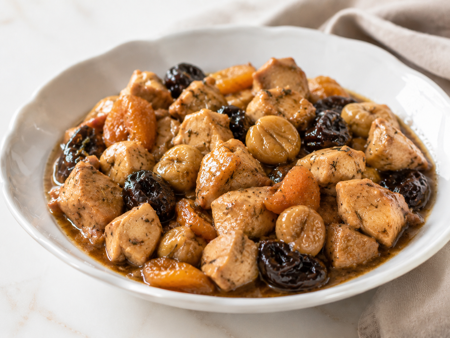 Pollo con casta&ntilde;as guisado en salsa melosa, servido caliente en fuente blanca con luz natural y acabado gourmet.