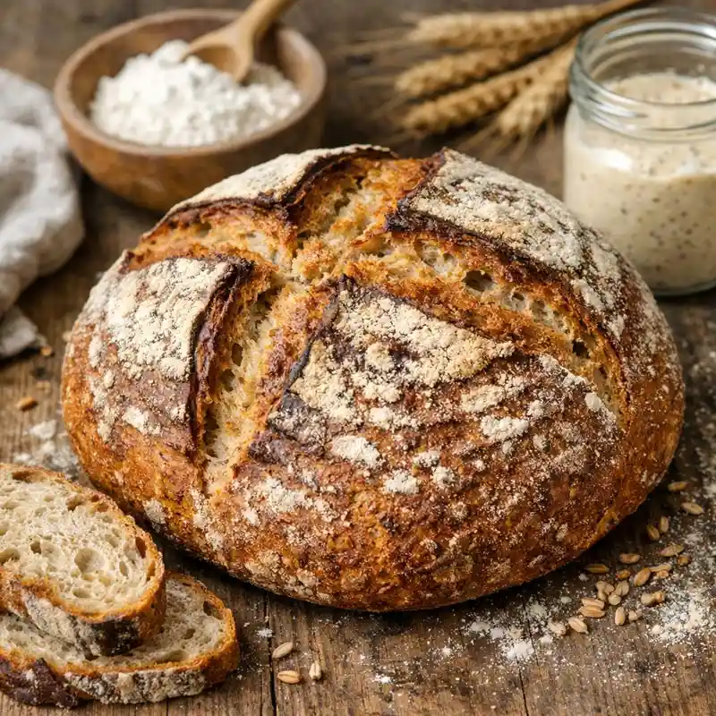 Pan casero de masa madre de espelta reci&eacute;n horneado con corteza crujiente y miga aireada sobre fondo neutro.