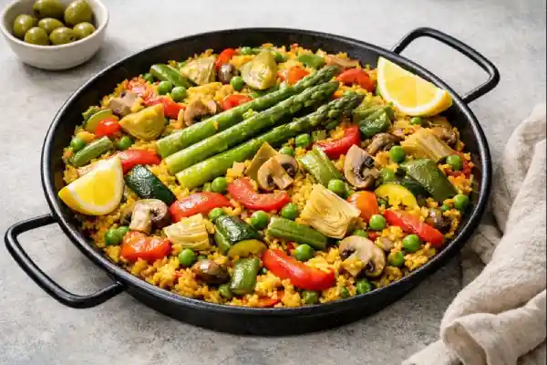 Paella de pollo casera con arroz, pollo y verduras servida en plato blanco con luz natural