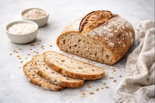 Pan casero de masa madre semi integral cortado en rebanadas, con corteza crujiente y miga alveolada sobre fondo neutro