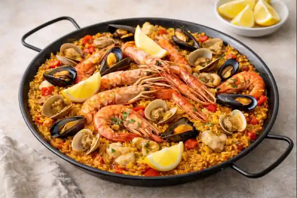 Paella de marisco en paellera con arroz dorado, gambas, mejillones y almejas, fotografiada con luz natural y fondo neutro.