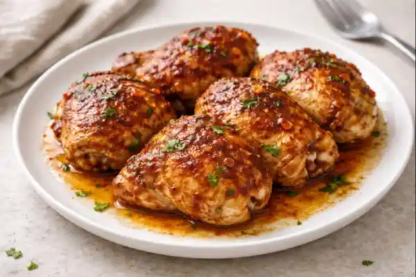 Muslos de pollo marinados con ajo y piment&oacute;n al horno, con salsa brillante de piment&oacute;n y ajo sobre plato blanco