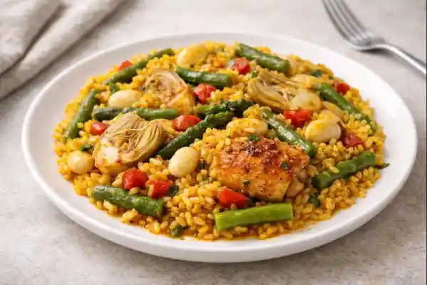 Paella de verdura con arroz de grano redondo, jud&iacute;as verdes, alcachofas, garrof&oacute;n y esp&aacute;rragos verdes servida en plato blanco con luz natural