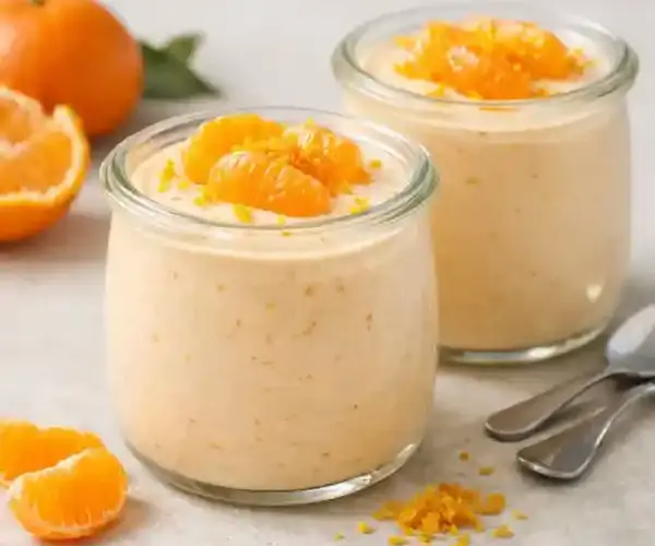 Mouse light de mandarina en tarros de cristal con gajos de mandarina y ralladura, fotograf&iacute;a luminosa sobre fondo neutro