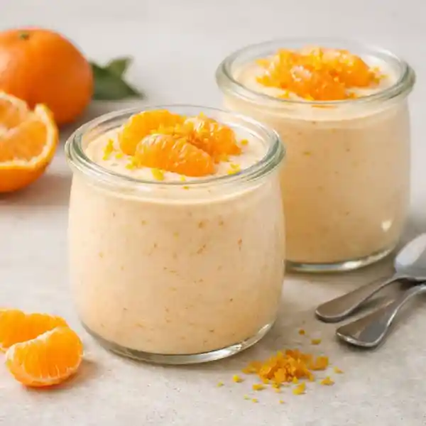 Mouse light de mandarina en tarros de cristal con gajos de mandarina y ralladura, fotograf&iacute;a luminosa sobre fondo neutro