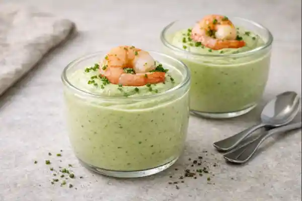 Mouse de calabac&iacute;n cremoso servido en vasitos, con gambas salteadas y cebollino, en fotograf&iacute;a luminosa sobre fondo neutro