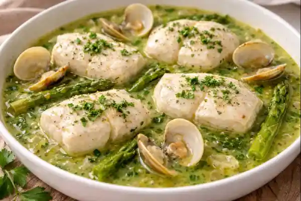 Merluza en salsa verde con almejas en plato blanco, salsa verde brillante con perejil, fotograf&iacute;a muy luminosa y realista sobre fondo neutro