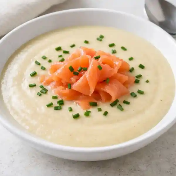 Vichissoyse con salm&oacute;n ahumado y cebollino en cuenco blanco, crema de puerros suave y luminosa