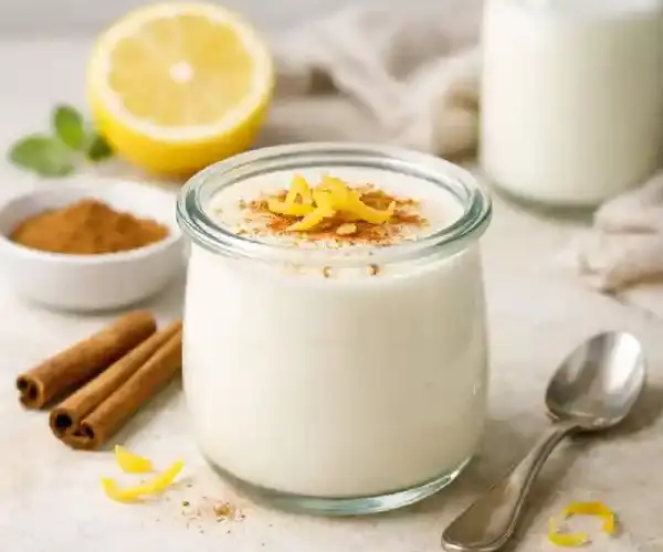 Yogur de leche merengada casero en vasito de cristal, cremoso y luminoso, con canela y toque c&iacute;trico