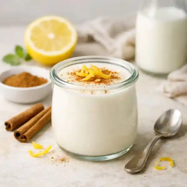 Yogur de leche merengada casero en vasito de cristal, cremoso y luminoso, con canela y toque c&iacute;trico