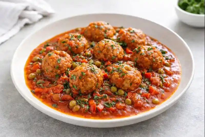 Alb&oacute;ndigas de soja en salsa con tomate y verduras servidas en plato blanco, acabado gourmet y luz natural.