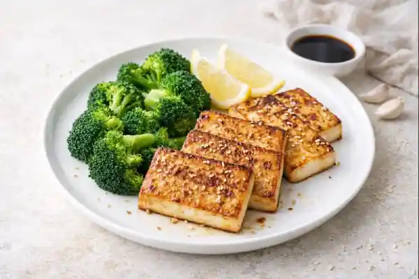 Tofu a la plancha dorado servido con br&oacute;coli al vapor y gajos de lim&oacute;n, fotograf&iacute;a luminosa sobre fondo neutro