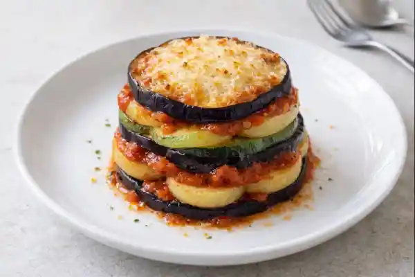 Timbal de verdura en capas con berenjena, calabac&iacute;n y patata, cubierto con salsa de tomate y queso gratinado, presentado en plato blanco