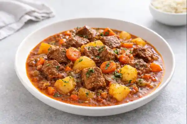 Ternera guisada casera con zanahoria, champi&ntilde;ones y guisantes en salsa, servida en plato blanco con luz natural y fondo neutro.