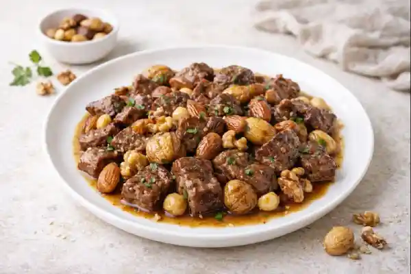 TTernera con frutos secos en salsa, servida en plato blanco con casta&ntilde;as y nueces, fotograf&iacute;a muy luminosa sobre fondo neutro