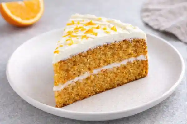 Tarta de zanahoria y naranja con miga jugosa y acabado dorado, servida en plato blanco con luz natural y fondo neutro.