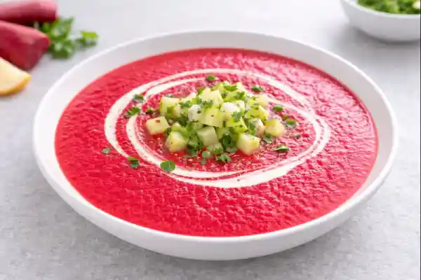 Sopa fr&iacute;a de remolacha cremosa y muy luminosa, servida en bol blanco con remolacha precocida, toque de nata y cebolleta, fondo neutro.