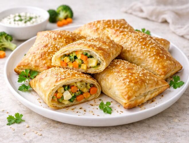 Sorpresas de verdura horneadas tipo empanadillas, doradas y crujientes, una abierta con relleno de remolacha, calabacín, manzana y queso de Burgos, con cuenco de salsa de soja al fondo