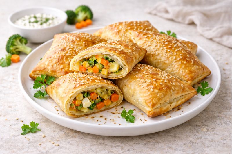 Sorpresas de verdura horneadas tipo empanadillas, doradas y crujientes, una abierta con relleno de remolacha, calabac&iacute;n, manzana y queso de Burgos, con cuenco de salsa de soja al fondo