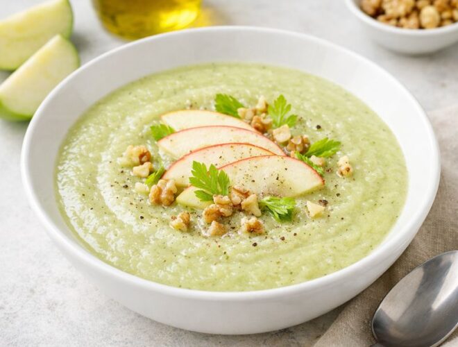Sopa fría de manzana y apio servida en cuenco blanco, con gajos de manzana y acabado cremoso en fondo neutro y luminoso