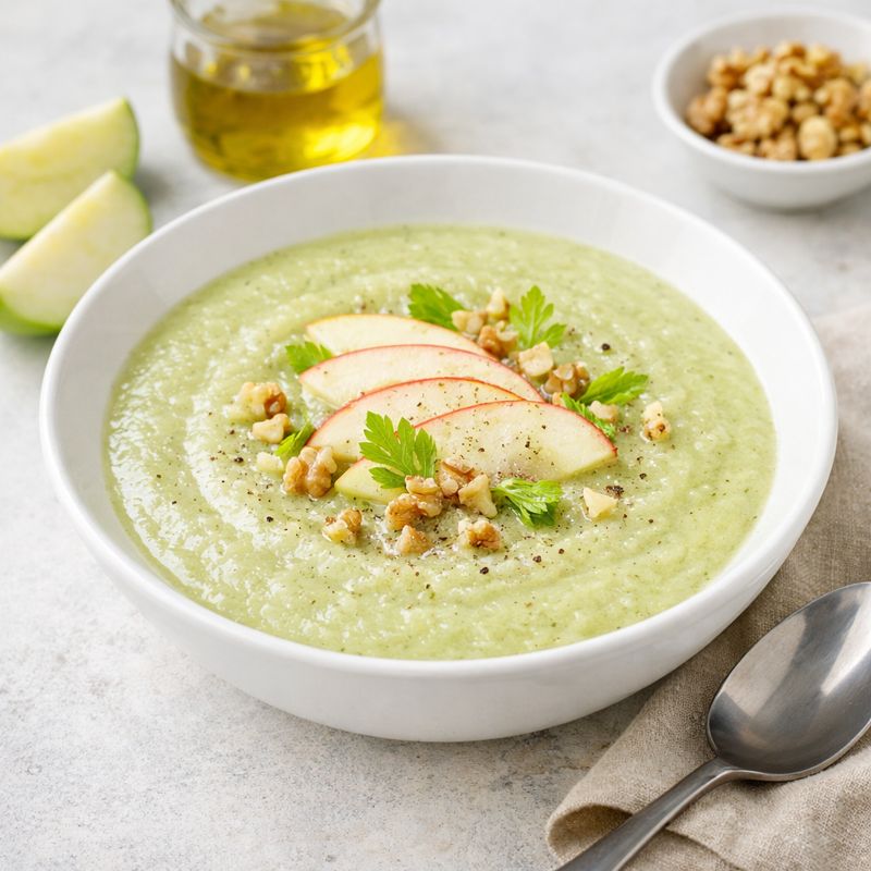 Sopa fr&iacute;a de manzana y apio servida en cuenco blanco, con gajos de manzana y acabado cremoso en fondo neutro y luminoso
