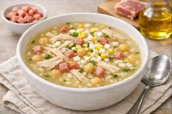 Sopa de picadillo casera servida en cuenco blanco con caldo dorado, pollo desmenuzado, garbanzos, taquitos de jam&oacute;n, huevo cocido y hierbabuena.