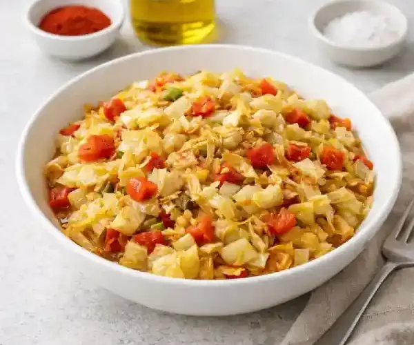 Salteado de repollo en cuenco blanco con dados de tomate y pimiento, acabado brillante con pimentón y luz natural sobre fondo neutro