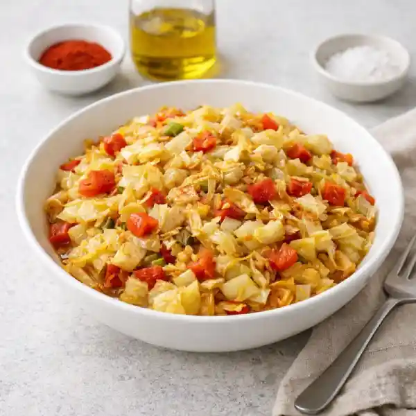 Salteado de repollo en cuenco blanco con dados de tomate y pimiento, acabado brillante con piment&oacute;n y luz natural sobre fondo neutro