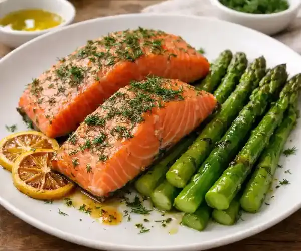 Salmón marinado con espárragos verdes a la plancha, servido en plato blanco con luz natural y acabado gourmet.