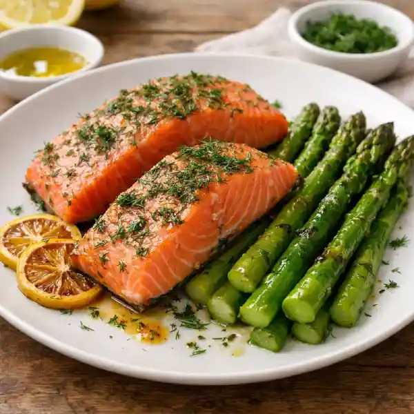 Salm&oacute;n marinado con esp&aacute;rragos verdes a la plancha, servido en plato blanco con luz natural y acabado gourmet.