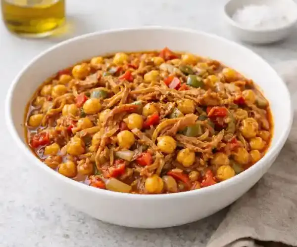 Ropa vieja siglo XXI en cuenco blanco con garbanzos y carne deshilachada, pimientos rojo y verde y salsa de tomate, en fondo neutro y luminoso