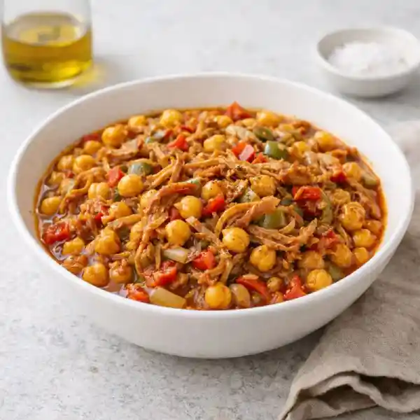 Ropa vieja siglo XXI en cuenco blanco con garbanzos y carne deshilachada, pimientos rojo y verde y salsa de tomate, en fondo neutro y luminoso