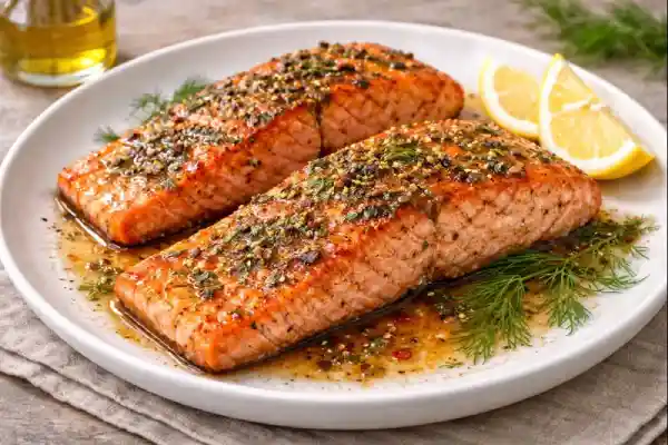 Salm&oacute;n marinado a la plancha con especias, servido en plato blanco con jugos del marinado y gajos de lim&oacute;n, en fotograf&iacute;a muy luminosa y realista