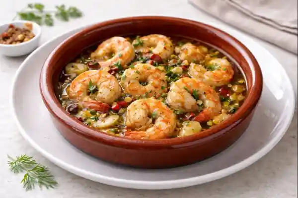 Gambas al pil pil en cazuela de barro con aceite de oliva, ajo laminado, guindilla y piment&oacute;n, fotograf&iacute;a luminosa y realista.