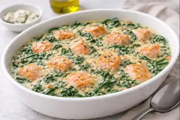 Espinacas a la crema con salm&oacute;n gratinadas en fuente blanca, con dados de salm&oacute;n dorados, crema ligera y acabado de queso rallado en fondo neutro y luminoso