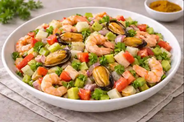 Salpic&oacute;n de marisco servido en fuente blanca con gambas, mejillones, surimi y verduras picadas (tomate, pepino y pimiento), ali&ntilde;ado con aceite y vinagre, en foto muy luminosa y realista.