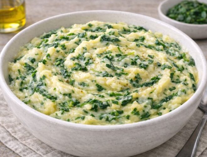 Puré de patatas con espinacas cremoso servido en cuenco blanco, con vetas verdes de espinaca y textura suave, en fotografía muy luminosa sobre fondo neutro.