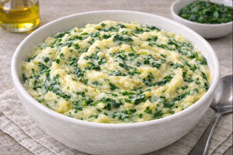 Pur&eacute; de patatas con espinacas cremoso servido en cuenco blanco, con vetas verdes de espinaca y textura suave, en fotograf&iacute;a muy luminosa sobre fondo neutro.
