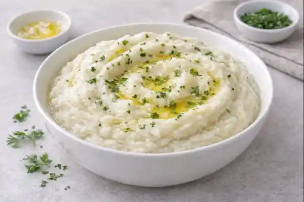 Pur&eacute; de patata sin patatas elaborado con coliflor, cremoso y suave, servido en bol blanco con aceite de oliva y perejil fresco.