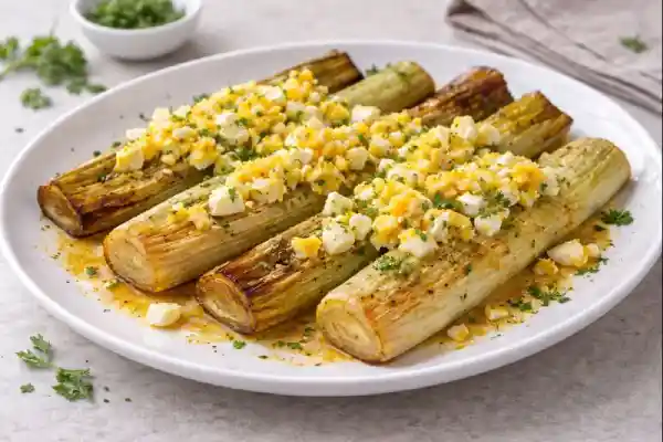 Puerros asados con mostaza y huevo duro, con vinagreta de Dijon, huevo picado y toque de piment&oacute;n, emplatados con estilo gourmet y luz natural.