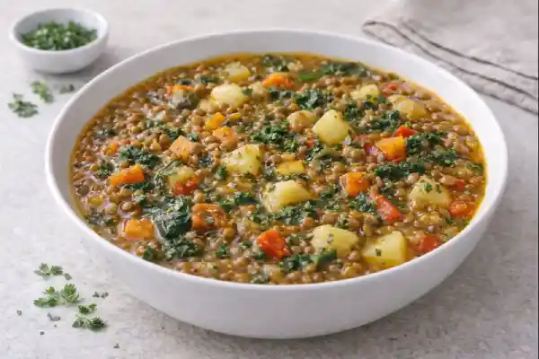 Potaje de lentejas con verduras casero, con zanahoria, patata y verduras troceadas, servido caliente en cuenco blanco con luz natural.