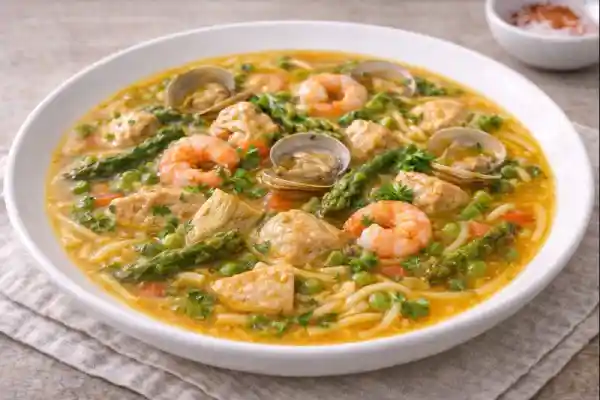 Cazuela de fideos servida en cazuela de barro con caldo dorado, fideos, pollo, almejas, gambas, alcachofas, esp&aacute;rragos y guisantes, en foto muy luminosa con fondo neutro.