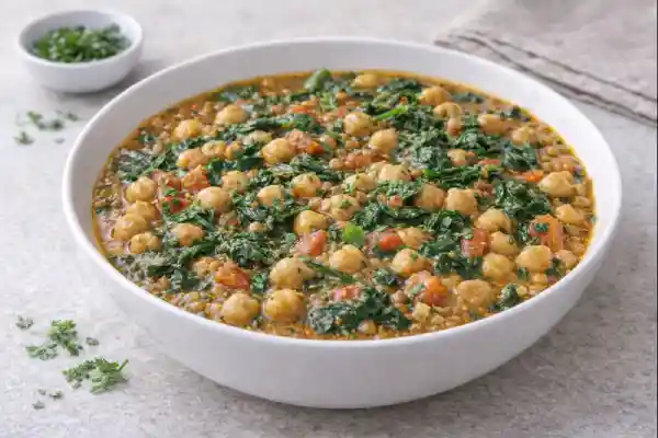 Potaje de garbanzos con espinacas casero, con caldo espeso, tomate y piment&oacute;n, servido caliente en cuenco blanco con luz natural.