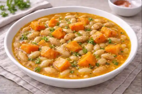 Potaje de alubias blancas con calabaza servido en plato hondo blanco, con alubias tiernas y dados de calabaza en caldo dorado, toque de piment&oacute;n y aceite de oliva, en foto muy luminosa sobre fondo neutro.