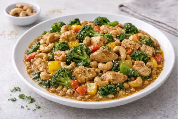 Pollo con verdura y anacardos salteados, con br&oacute;coli y pimiento en salsa ligera, servido en plato blanco con luz natural.