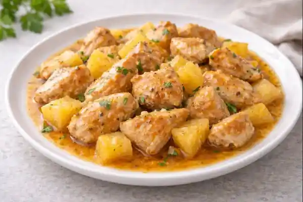 Pollo con pi&ntilde;a en plato blanco con trozos de pollo dorados y dados de pi&ntilde;a en salsa agridulce, fondo neutro y luz natural luminosa
