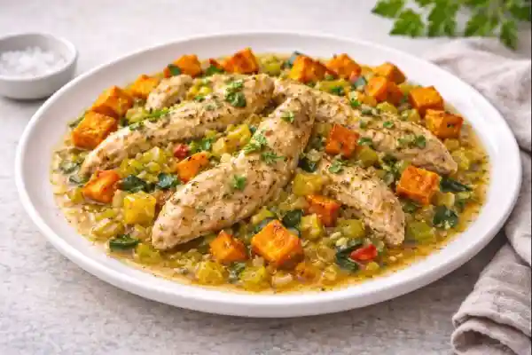 Pollo con verdura a la pimienta en plato blanco con solomillos de pollo dorados, salsa de calabac&iacute;n y puerro, y calabaza asada en dados, con luz natural y fondo neutro