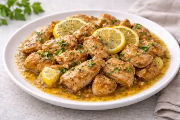 Pollo al lim&oacute;n jugoso en plato blanco con salsa clara de lim&oacute;n y ajo y perejil picado, sobre fondo neutro y muy luminoso