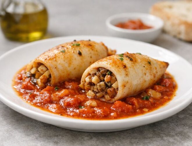 Calamares rellenos f&aacute;ciles en salsa de tomate, emplatados de forma gourmet y luminosa